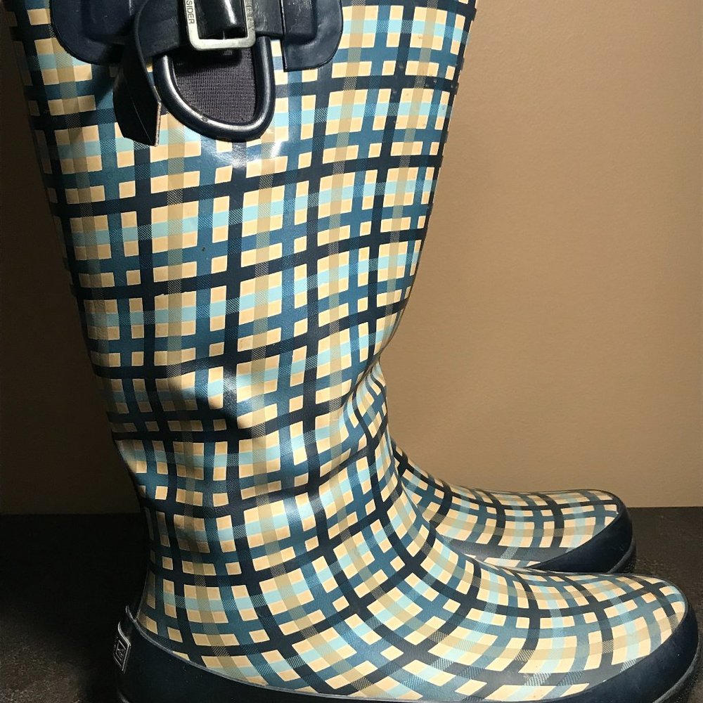 Sperry Blue Check Tall Rain Boots Wm Sz9